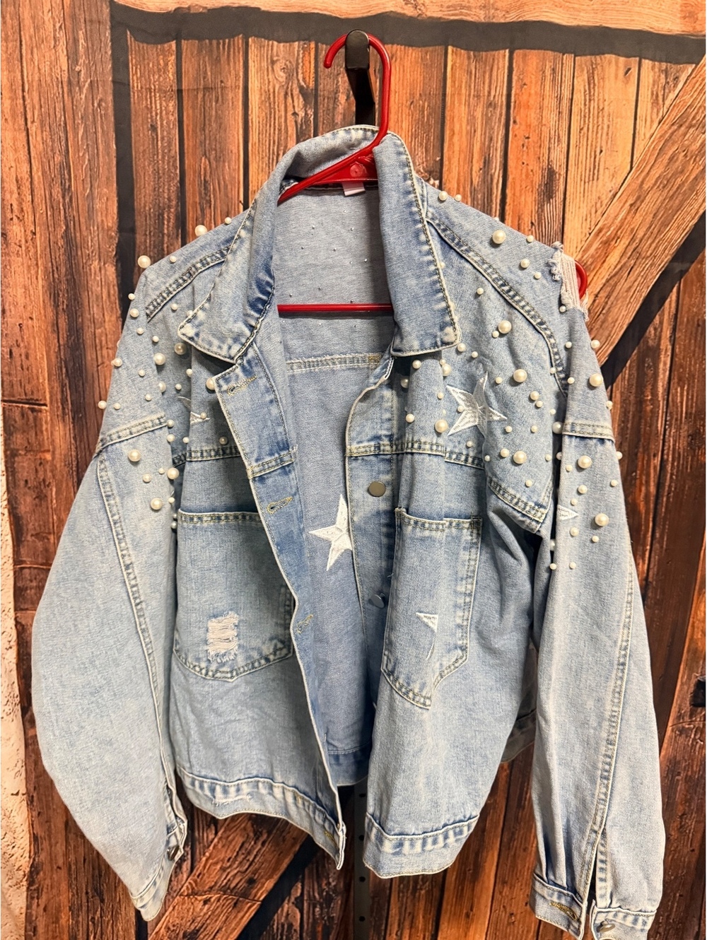 XXL nwt Denim Jacket with Pearl and Star Embellishments